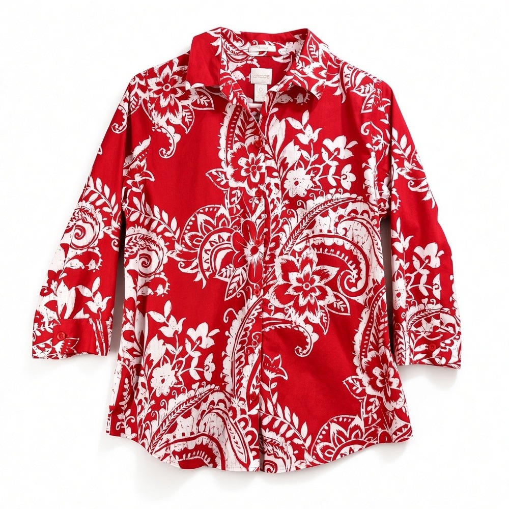 Chicos Blouse Womens Size 4 Chicos size 0 Red White Floral Collared 3/4 Sleeve
